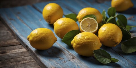 Fresh lemons on weathered blue wooden surface in sunlight.