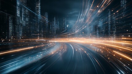 Dynamic cityscape with light trails. Captures the essence of movement and technology in a modern urban environment.