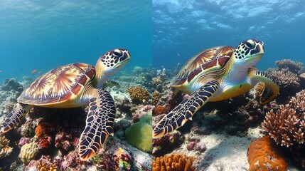 Obraz premium Two images of a sea turtle swimming among colorful coral reefs.