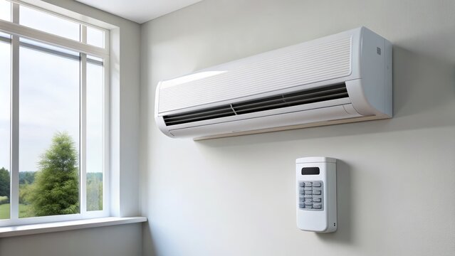 Modern white mini-split HVAC unit mounted on a interior wall, with a digital display and remote control, providing efficient heating and cooling solutions.