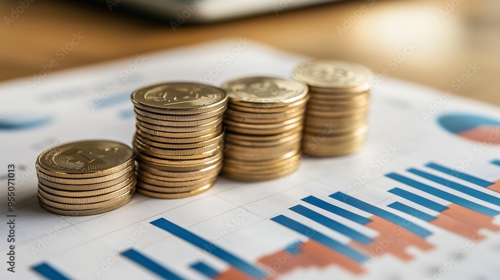 Poster stacks of coins arranged on a financial report with charts and graphs in a modern office setting dur