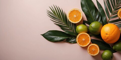 Fresh citrus fruits and palm leaves on a pastel background.