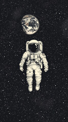 A lone astronaut floats in the vast expanse of space, Earth a distant sphere, surrounded by a shimmering tapestry of stars.