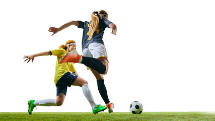 Athletic women, focused and competitive, racing towards ball on green turf, each striving to gain upper hand in game. Concept of sport, competition, tournament, games, event.