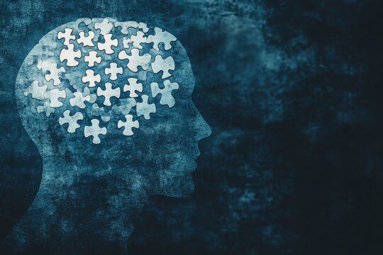 Brain to brain interface Synaptic connection Profile of a head with floating puzzle pieces symbolizing the assembly of thoughts and the complexity of memory in a dark mysterious setting