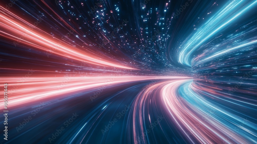 Poster a vibrant, abstract representation of speed and motion with dynamic light trails in red and blue hue