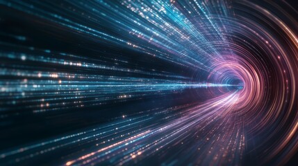 A vibrant abstract illustration of light beams racing through a tunnel, evoking feelings of speed and futuristic technology.