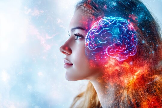 Telepathy Synaptic connection Woman with a glowing brain symbolizing the brilliance of thought and the clarity of ideas in a vibrant ethereal setting