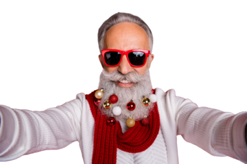 Close up photo of cheerful hipster in eyeglasses eyewear make photo have collection of decorative balls wear white jumper isolated over red background