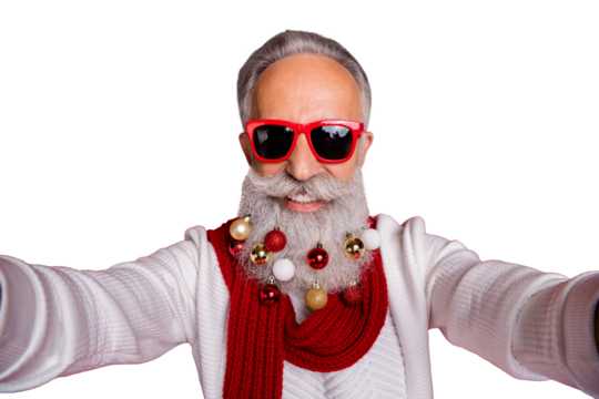 Close up photo of cheerful hipster in eyeglasses eyewear make photo have collection of decorative balls wear white jumper isolated over red background