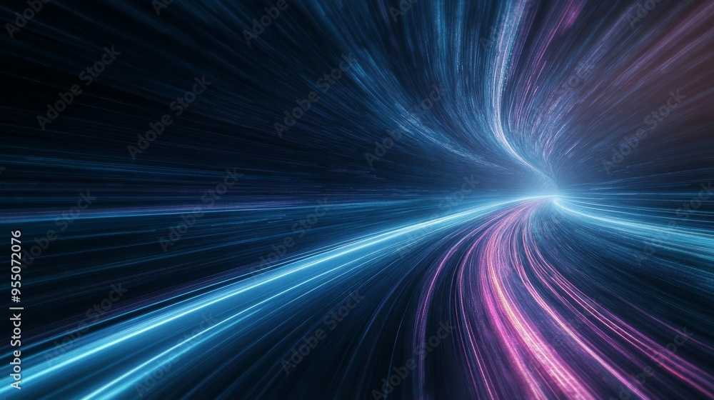 Poster a vibrant abstract representation of light trails in motion, conveying speed and depth in a dark dig