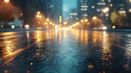 A mesmerizing urban scene featuring rain-soaked streets illuminated by city lights, creating a vivid, reflective atmosphere.