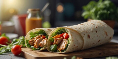Chicken wraps with green salad and vegetables on a kitchen background.