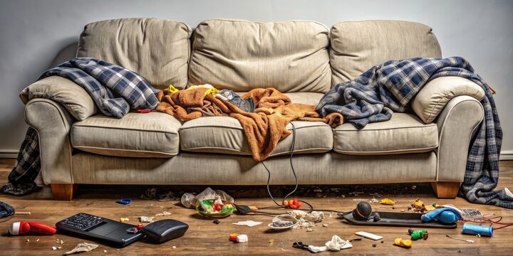 A worn-out couch is cluttered with discarded snacks, crumpled clothes, and abandoned electronics, epitomizing the epitome of laziness in a messy, comfort-driven atmosphere.