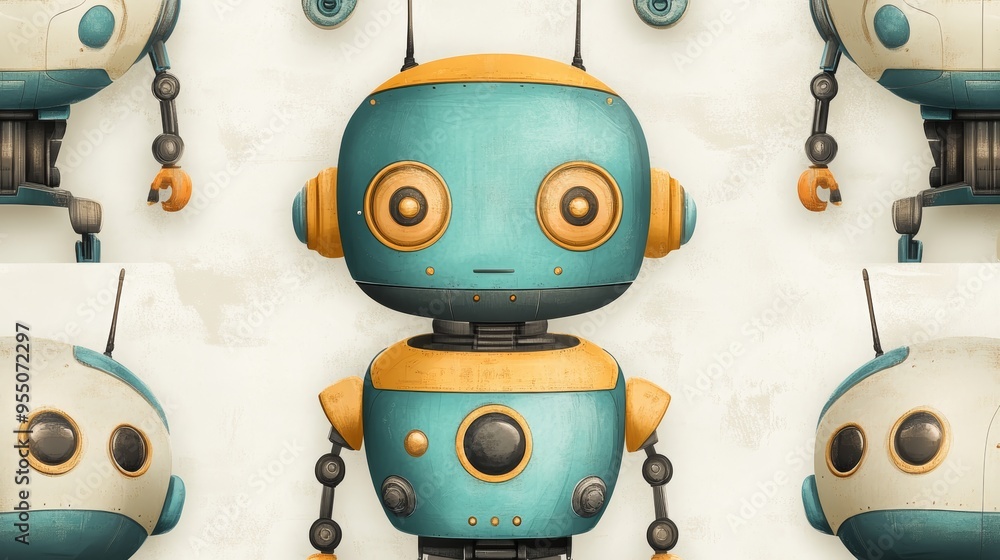 Poster a whimsical collection of colorful robots showcasing unique designs and playful expressions against 