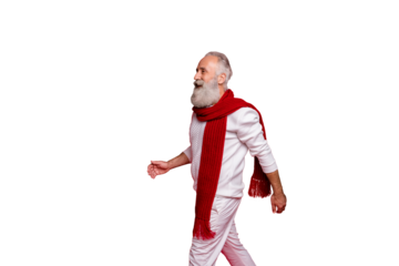 Profile side view of his he nice attractive well-dressed gray-haired man walking going motion movement coming December isolated over bright vivid shine red background