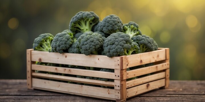 Fresh Broccoli Harvest in a Wooden Crate.