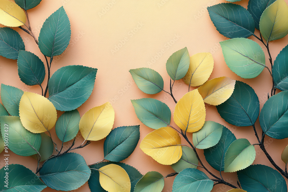 Poster a multiply background with organic leaf shapes in soft pastel greens and yellows, layered to form a 