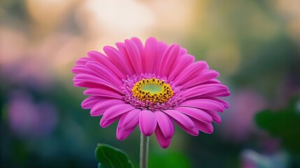 A close-up of a vibrant pink gerbera daisy with a bright yellow center, set against a blurred background
