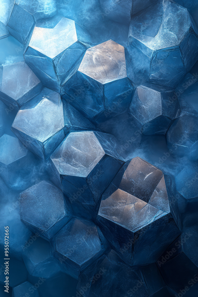 Poster A modern multiply background with translucent hexagonal patterns in blues and grays, layered over a soft gradient, isolated on a pastel blue background,