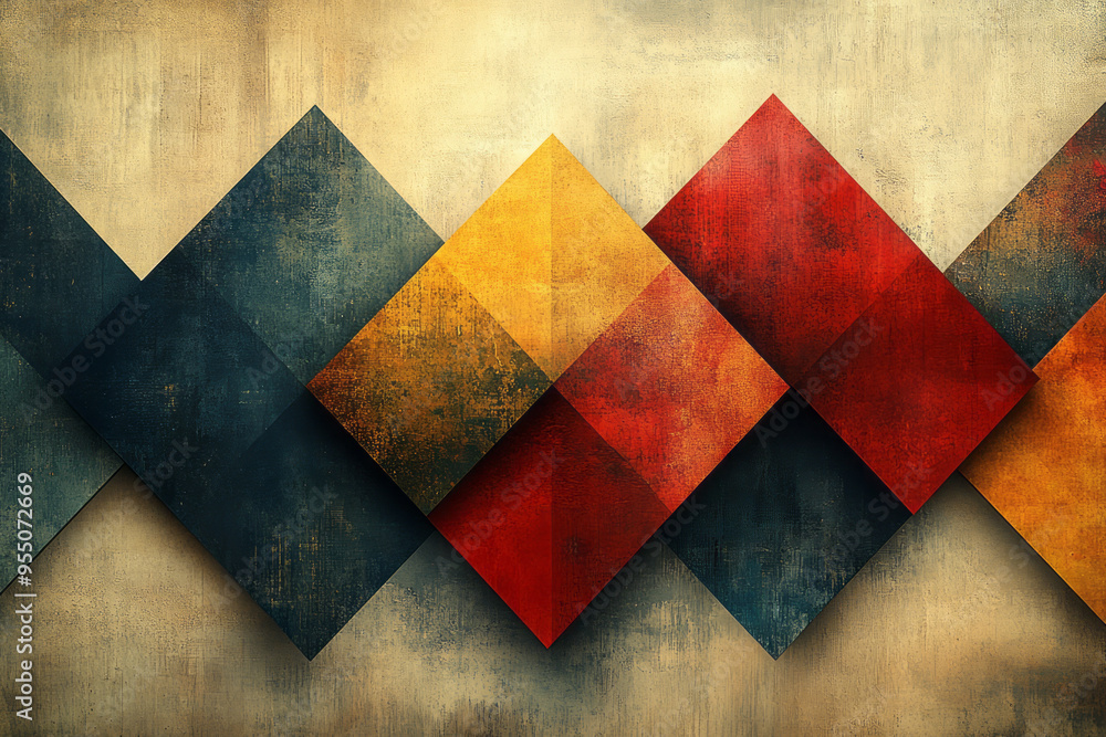 Poster A retro multiply background featuring overlapping geometric squares and triangles in muted earth tones, creating a vintage effect, isolated on a pastel beige background,