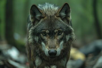 Fototapeta premium A Close-Up Portrait of a Wolf in the Woods