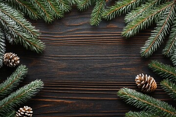 Christmas or New Year background with fir branches on the right and left side on dark wooden background. Place for your text.