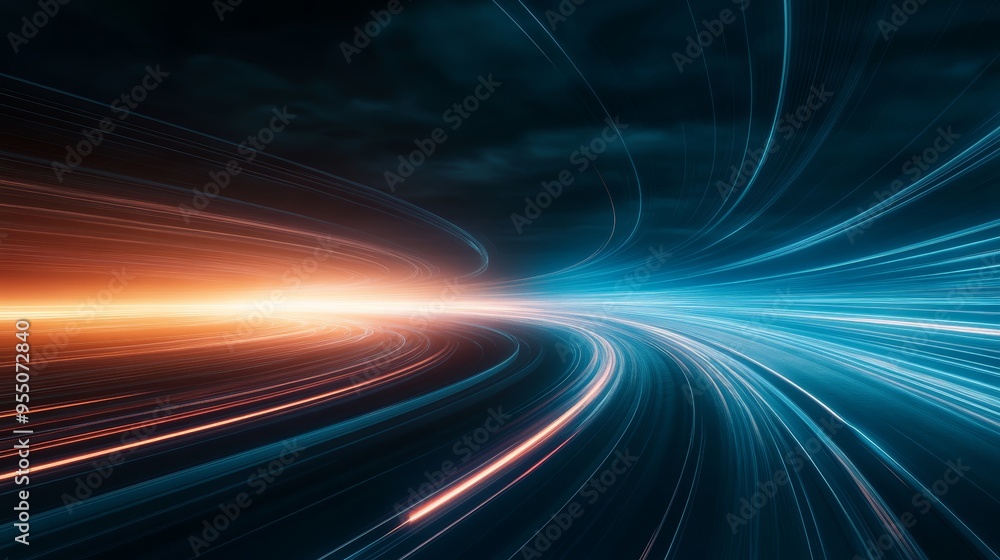 Poster a dynamic abstract representation of light trails in blue and orange, symbolizing motion and speed t