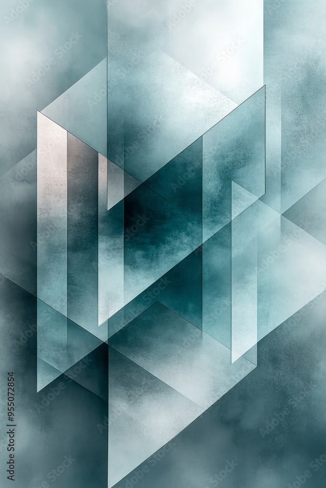 Poster An abstract multiply background with geometric shapes in shades of teal and gray, layered over each other with varying levels of opacity, isolated on a pastel gray background,