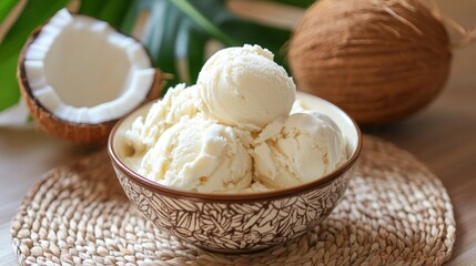 Bowl of coconut ice cream with fresh coconuts.