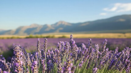 A field of lavender flowers in full bloom, with a clear blue sky and distant mountains in the background