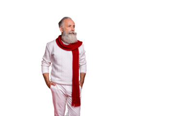 Profile side photo of charming pensioner putting his hands in trousers wearing white pullover pants trousers isolated over red background