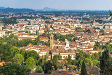 Panoramic view of the Bergamo Lower City seen from Upper City, Italy, Europe.