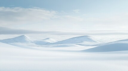 A field of untouched snow with snow-covered hills and a pale winter sky, creating a serene landscape