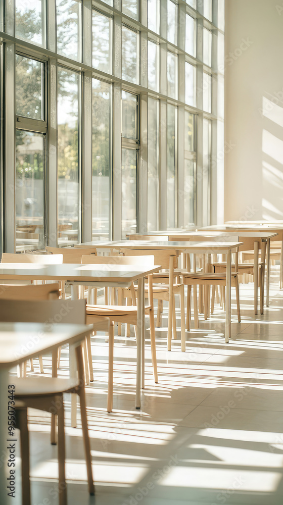 Poster sunlight bathes a minimalist cafeteria, empty tables and chairs await, creating a serene and tranqui