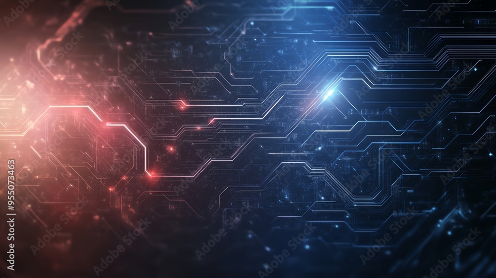 Poster abstract technology background featuring glowing circuit patterns in red and blue hues, perfect for 