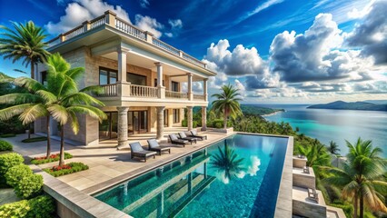 Fototapeta premium Opulent marble-clad mansion with sleek infinity pool, overlooking turquoise ocean, epitomizes extravagant living, surrounded by lush tropical greenery and crystal-clear skies.