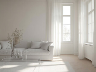 Minimalist, modern Scandinavian interiors in the living room with sofas and interior accessories. Generative AI
