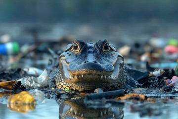Fototapeta premium Alligator's Head Emerging from a Sea of Trash
