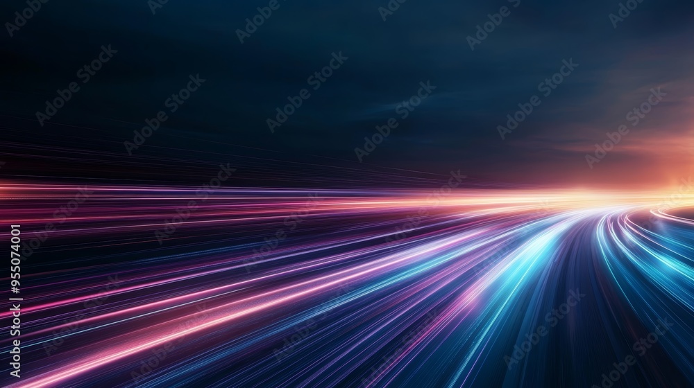Poster a vibrant abstract image showcasing dynamic light trails, evoking speed and motion against a dark ba
