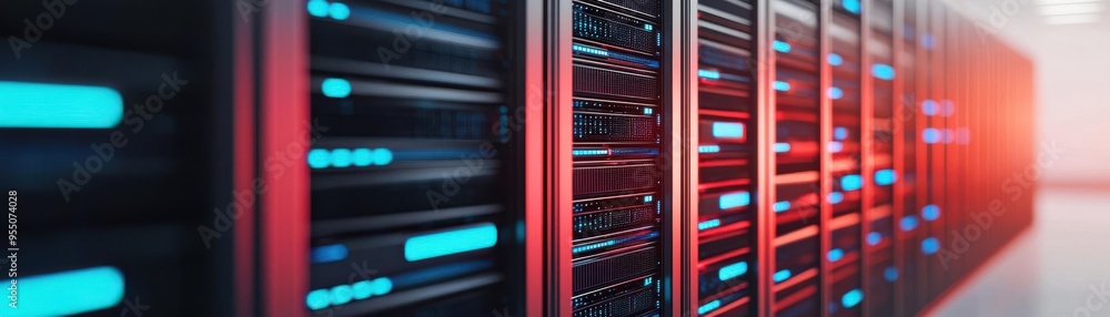 Poster server room with illuminated servers, showcasing modern technology and efficient data storage soluti