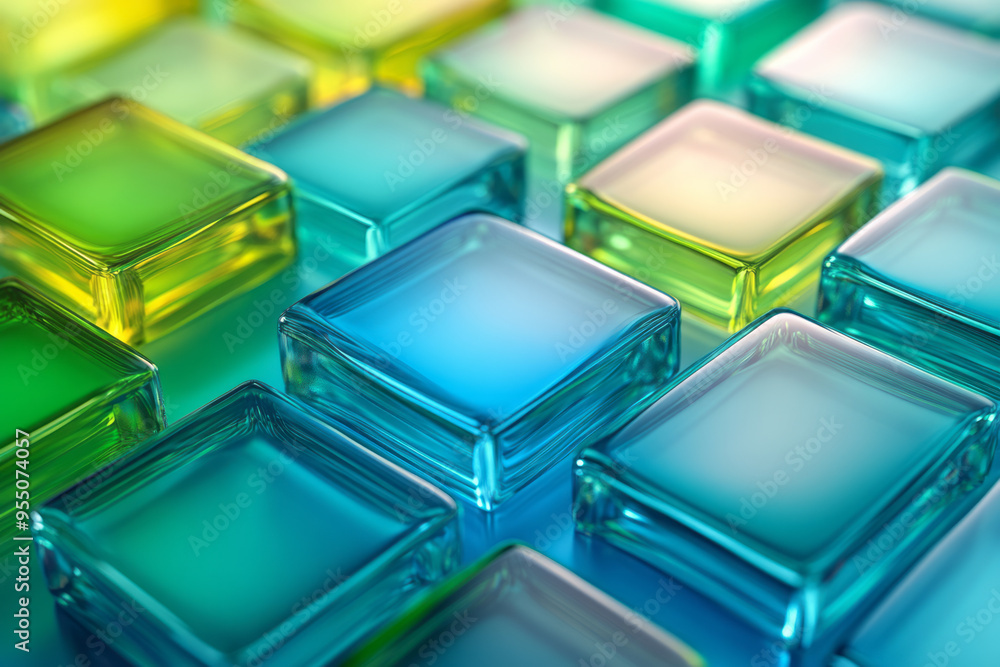 Poster an abstract multiply background with pixelated shapes in neon green and blue, layered to form a digi