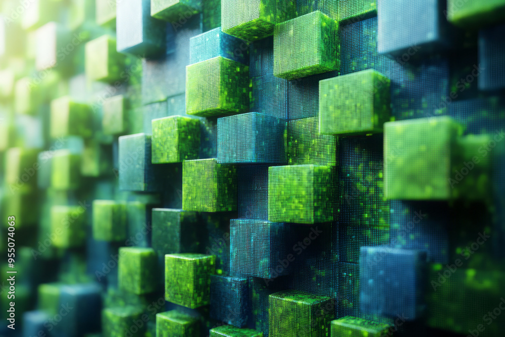 Poster an abstract multiply background with pixelated shapes in neon green and blue, layered to form a digi