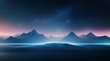 Naklejka premium A serene mountain landscape at twilight, featuring glowing peaks and a calm shoreline under a starry sky.