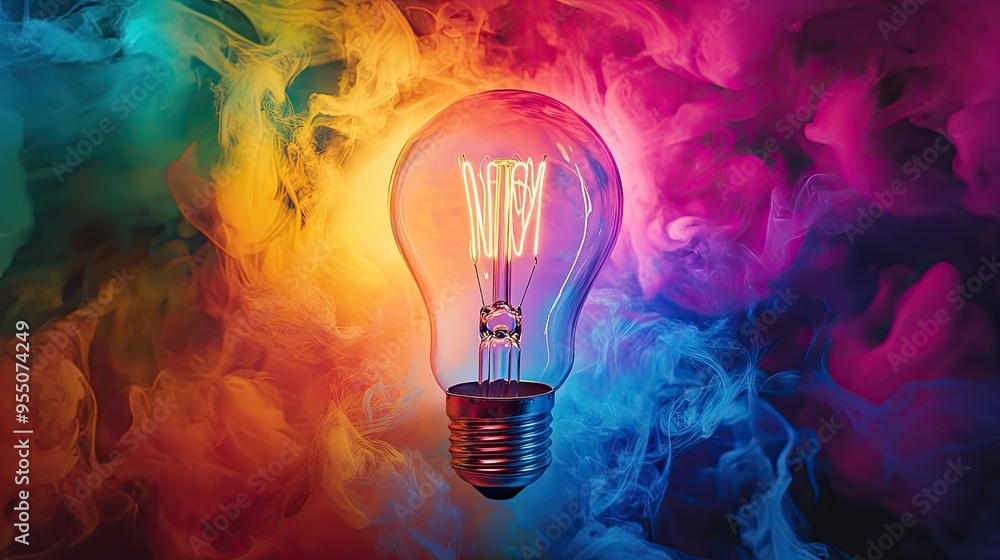 Poster a bright light bulb surrounded by a spectrum of colors, creating a dynamic and inspiring visual, per