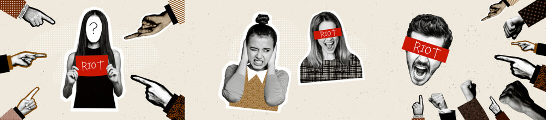 Composite collage image panorama of bullying point finger symbol victim riot stop billboard comics...