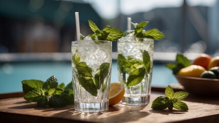 Fototapeta premium Refreshing iced drink with mint leaves in clear glass on table.