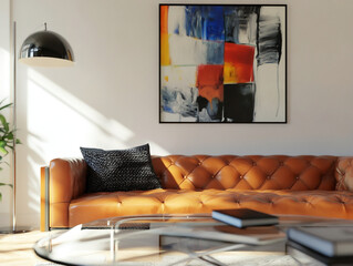 Mid century Modern interiors in the living room, with sofas and tables and art frames hanging on the walls. Generative AI
