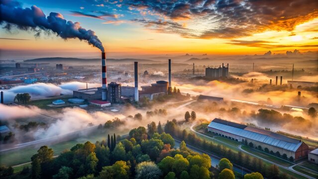 Panoramic view of a serene industrial landscape in Silesia, featuring misty fog surrounding factories, chimneys, and warehouses under a dramatic cloudy sky at dawn.