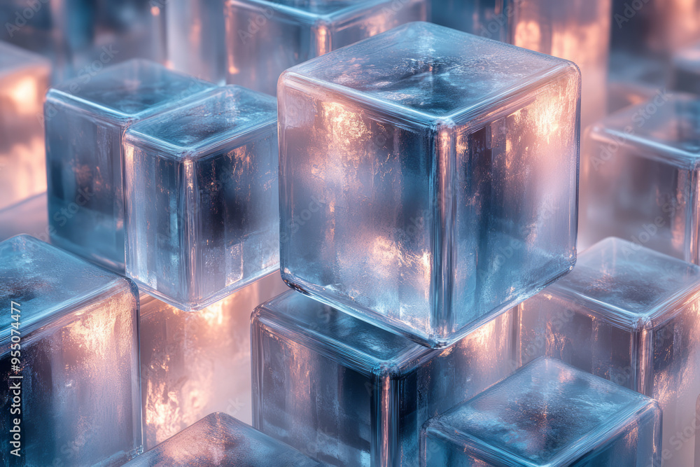 Fototapete a multiply background with overlapping transparent cubes in varying shades of gray and blue, forming